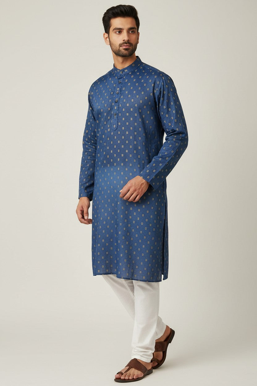 Navy Blue Cotton Buti Kurta for Men