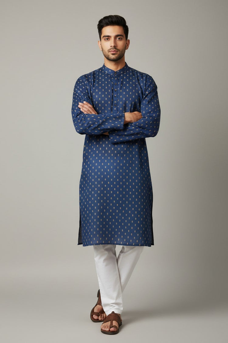 Navy Blue Cotton Buti Kurta for Men