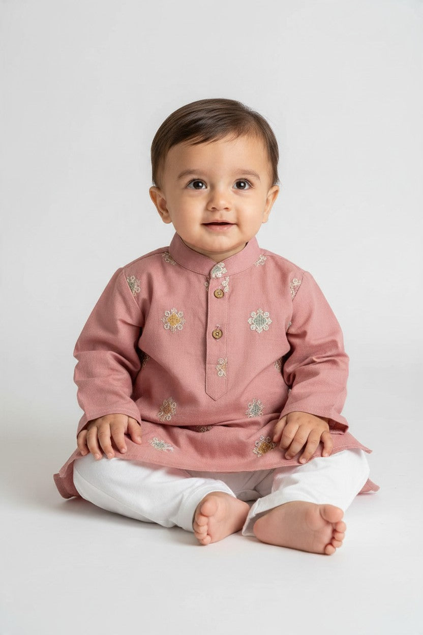 Kids' Dusty Pink Zari Thread work Buta Cotton Blend Kurta Pajama Set