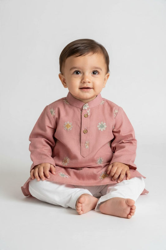 Kids' Dusty Pink Zari Thread work Buta Cotton Blend Kurta Pajama Set