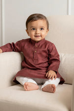 Kids' Maroon Jacquard Cotton Blend Kurta Pajama Set