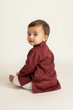 Kids' Maroon Jacquard Cotton Blend Kurta Pajama Set