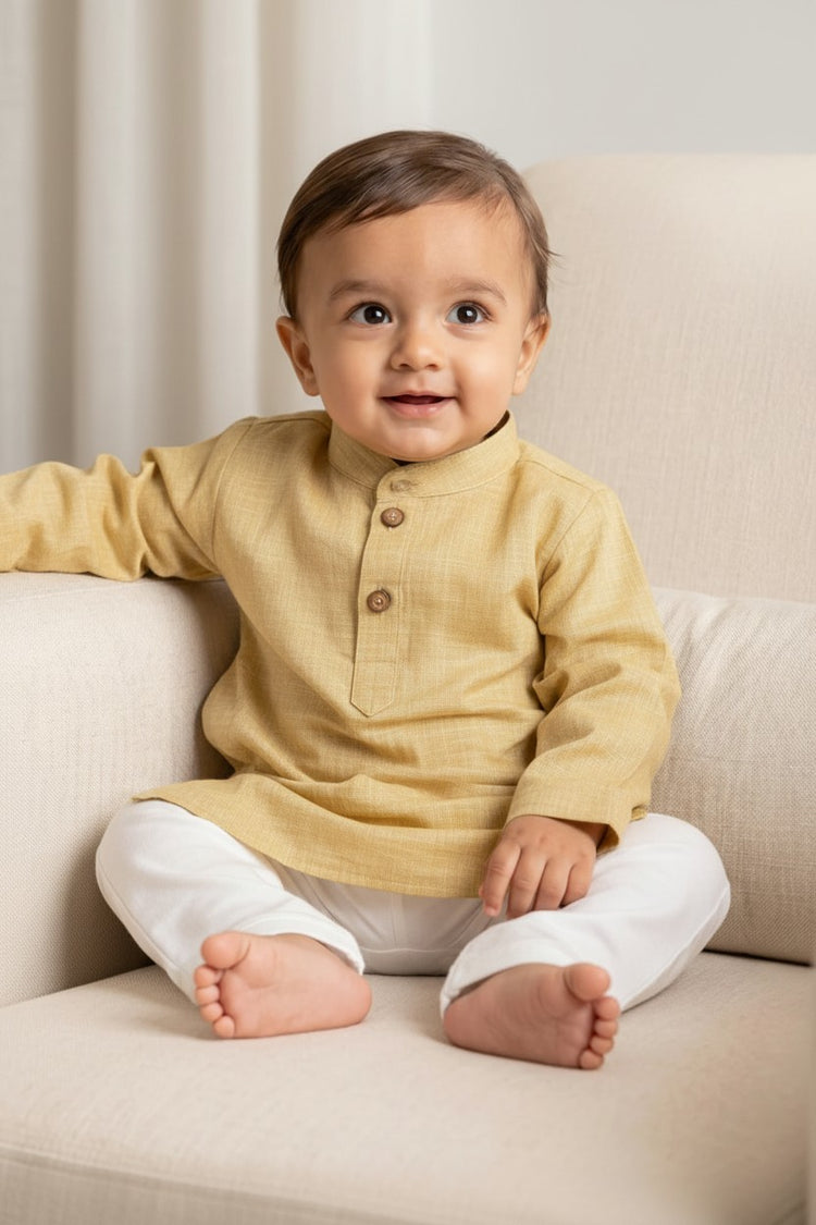 Kids' Beige Cotton Blend Kurta Pajama Set