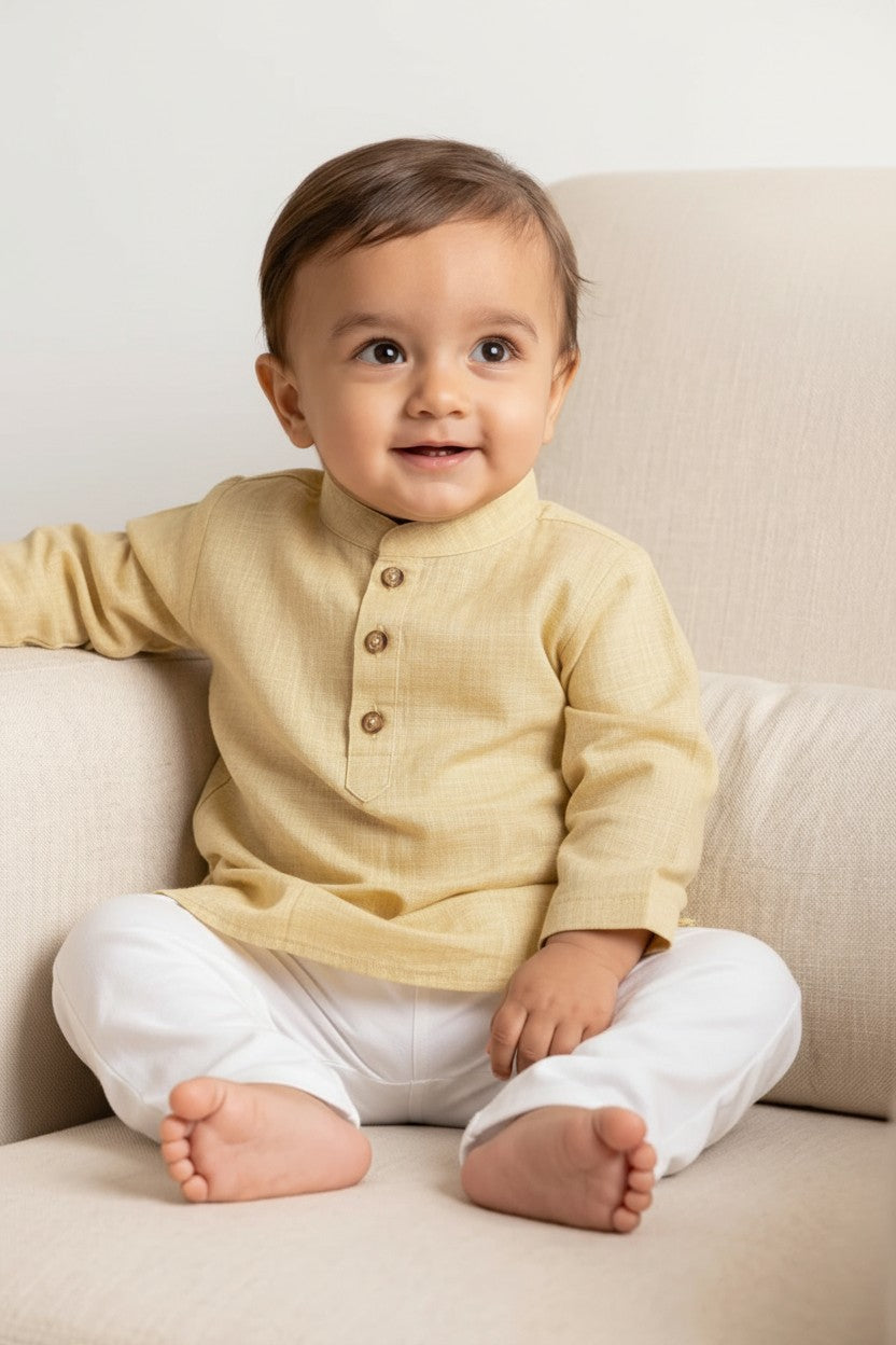 Kids' Beige Cotton Blend Kurta Pajama Set