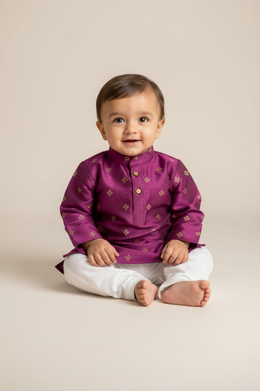 Kids' Voilet Sequin & Zari Buta Cotton Blend Kurta Pajama Set