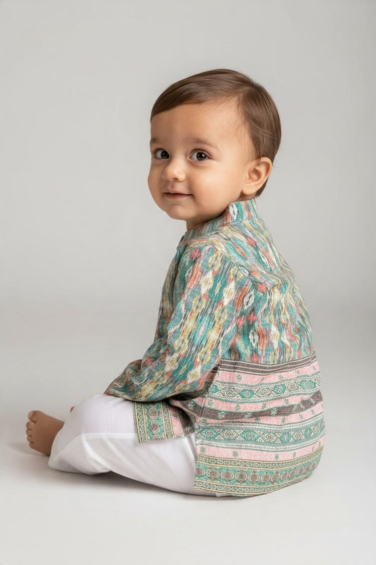 Kids' Blue Printed Kurta Pajama Set with Sequin Work