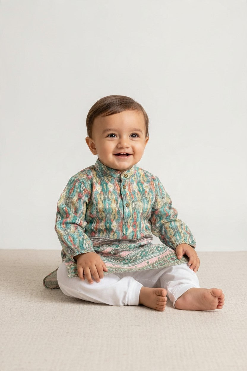 Kids' Blue Printed Kurta Pajama Set with Sequin Work