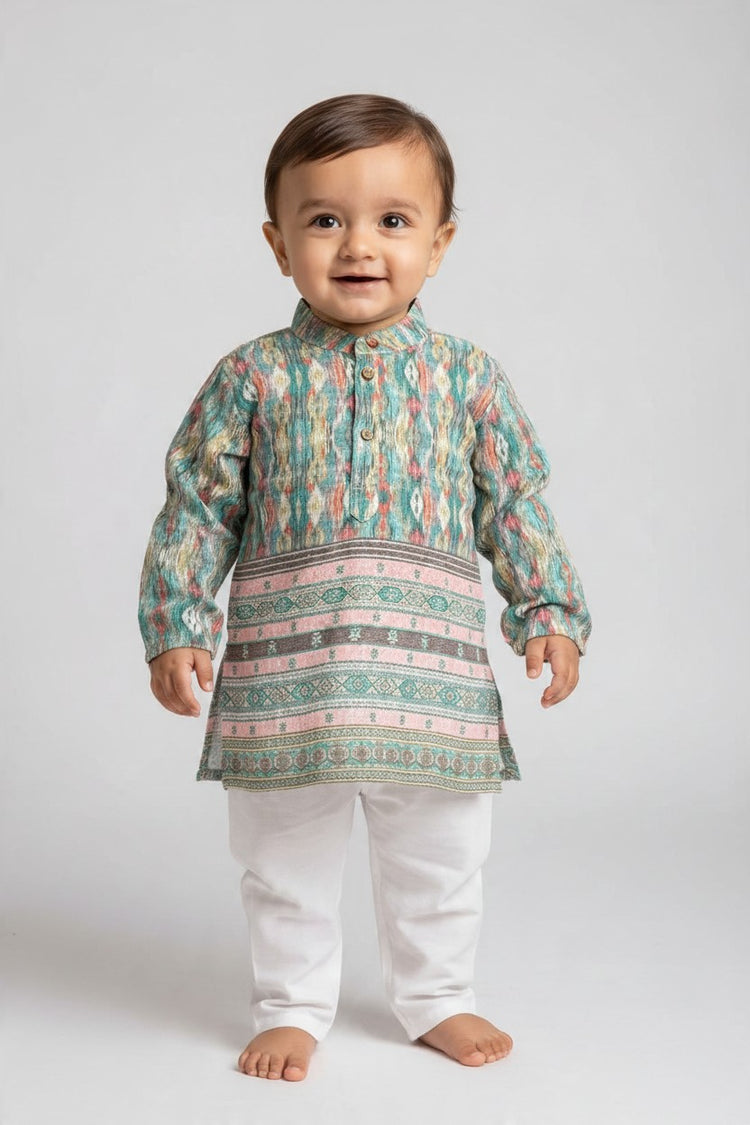 Kids' Blue Printed Kurta Pajama Set with Sequin Work