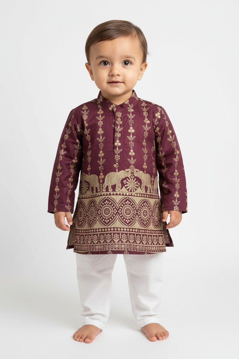 Kids' Maroon Zari Thread work Buta Cotton Blend Kurta Pajama Set
