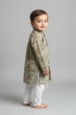 Kids' Sage Green Printed Kurta Pajama Set with Sequin Work