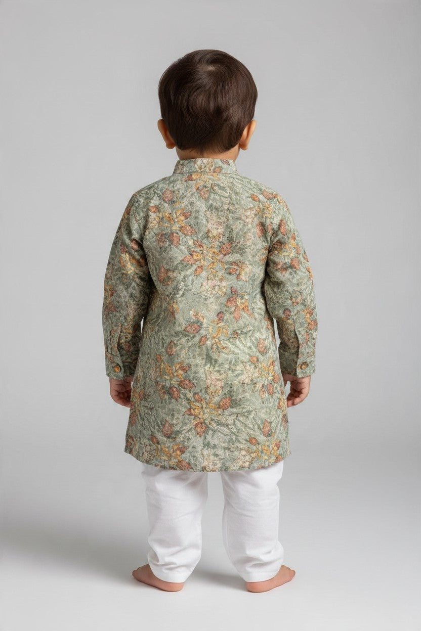 Kids' Sage Green Printed Kurta Pajama Set with Sequin Work