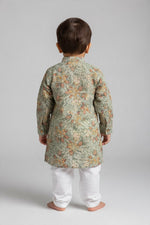Kids' Sage Green Printed Kurta Pajama Set with Sequin Work