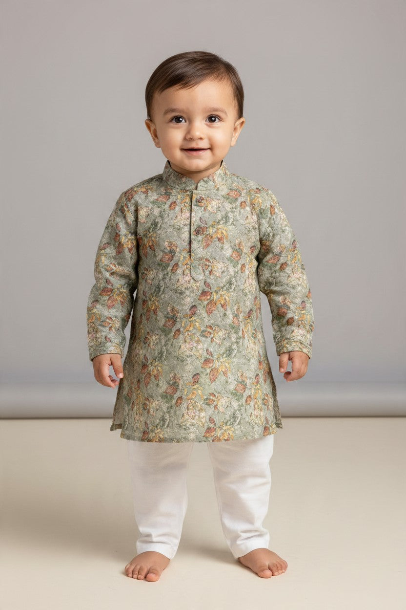 Kids' Sage Green Printed Kurta Pajama Set with Sequin Work