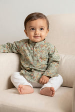 Kids' Sage Green Printed Kurta Pajama Set with Sequin Work