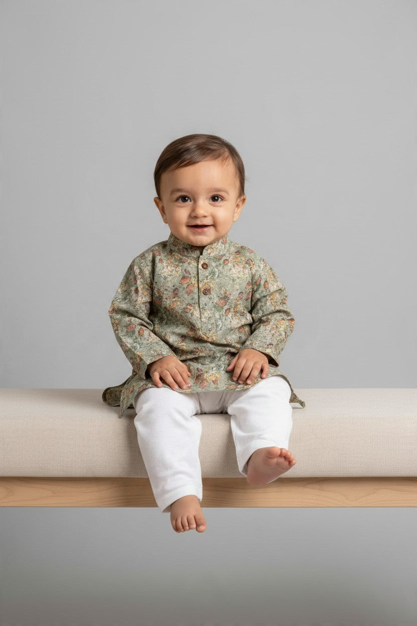 Kids' Sage Green Printed Kurta Pajama Set with Sequin Work