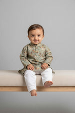 Kids' Sage Green Printed Kurta Pajama Set with Sequin Work