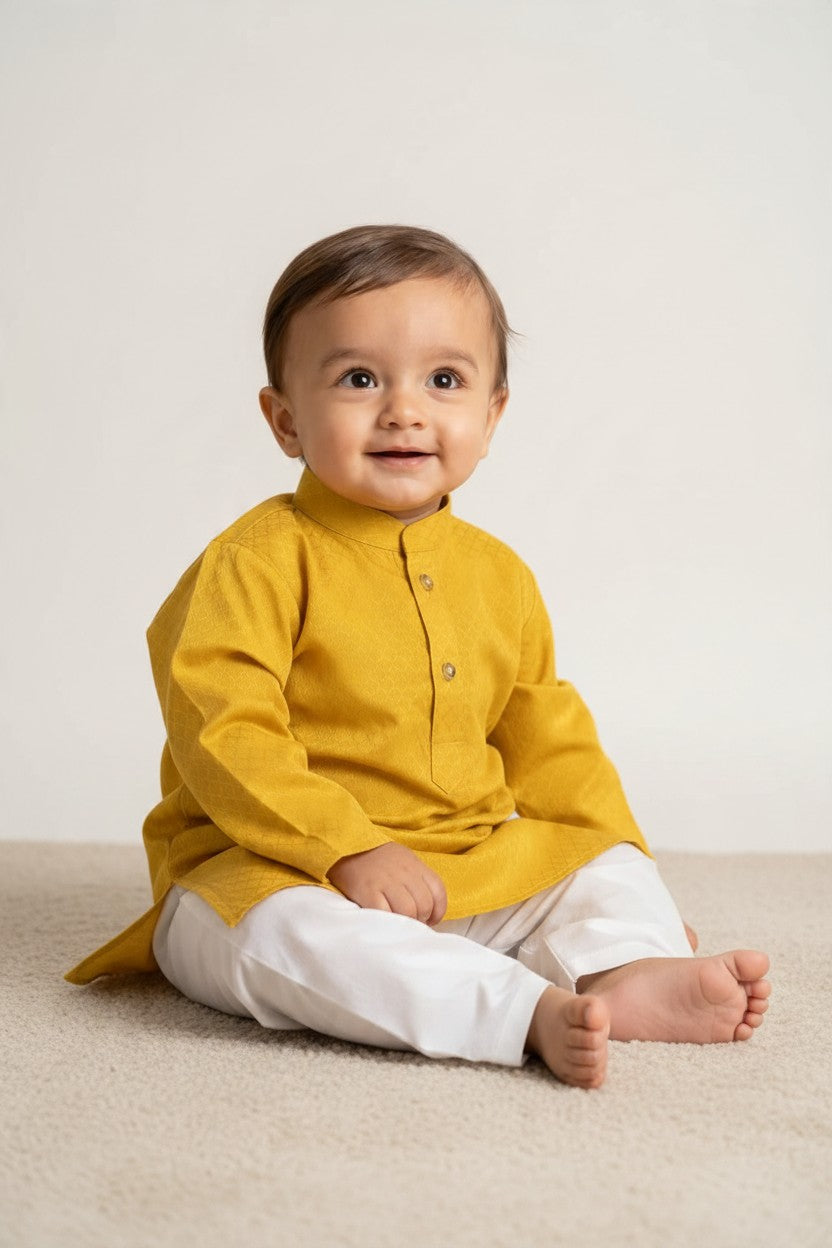 Kids' Mustard Yellow Jacquard Cotton Blend Kurta Pajama Set