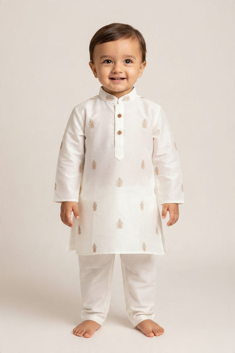Kids' White Zari Thread work Buta Cotton Blend Kurta Pajama Set