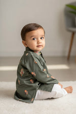 Kids' Olive Green Zari Thread work Buta Cotton Blend Kurta Pajama Set