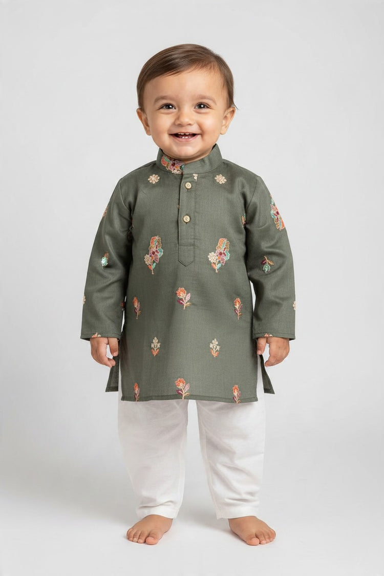Kids' Olive Green Zari Thread work Buta Cotton Blend Kurta Pajama Set