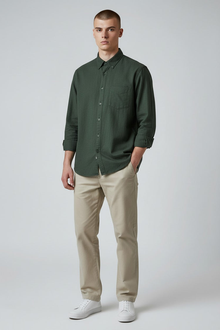 Bluebird Men's Dark Green Linen Tencil Shirt