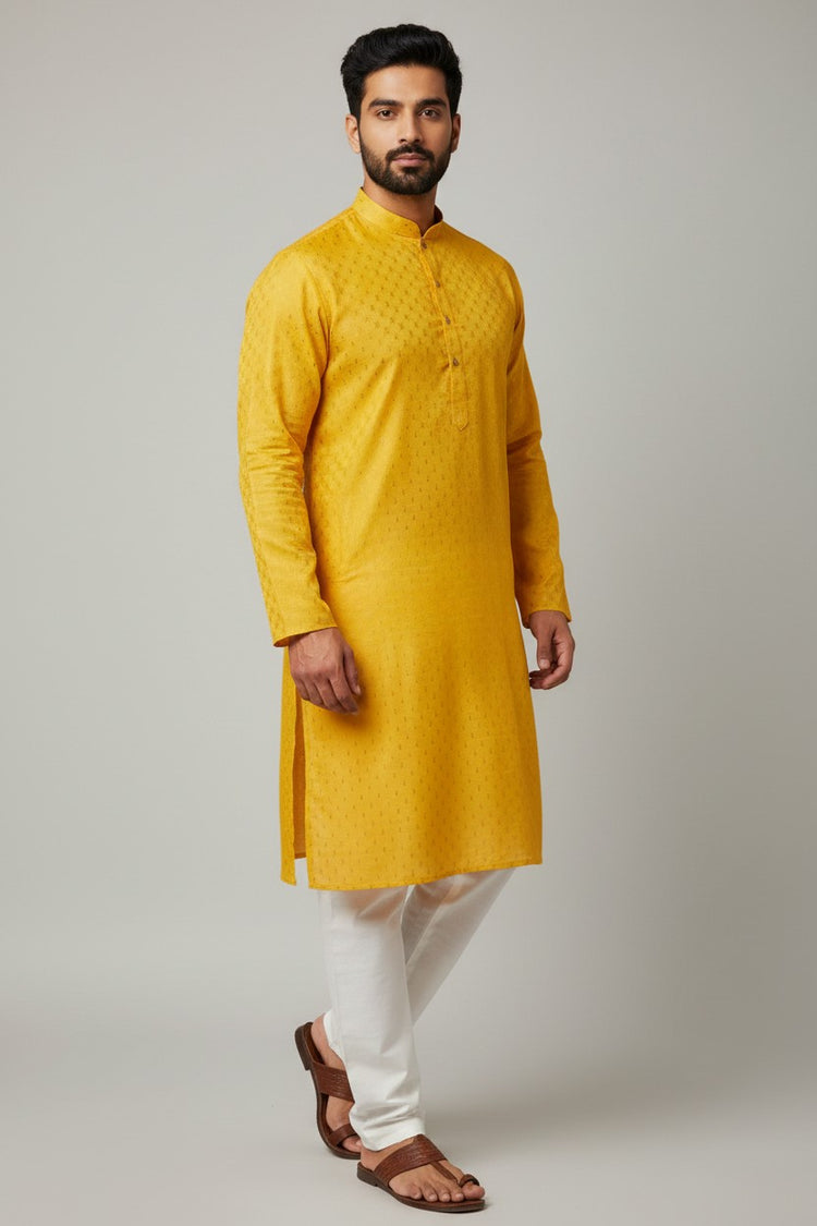 Yellow Cotton Buti Kurta for Men