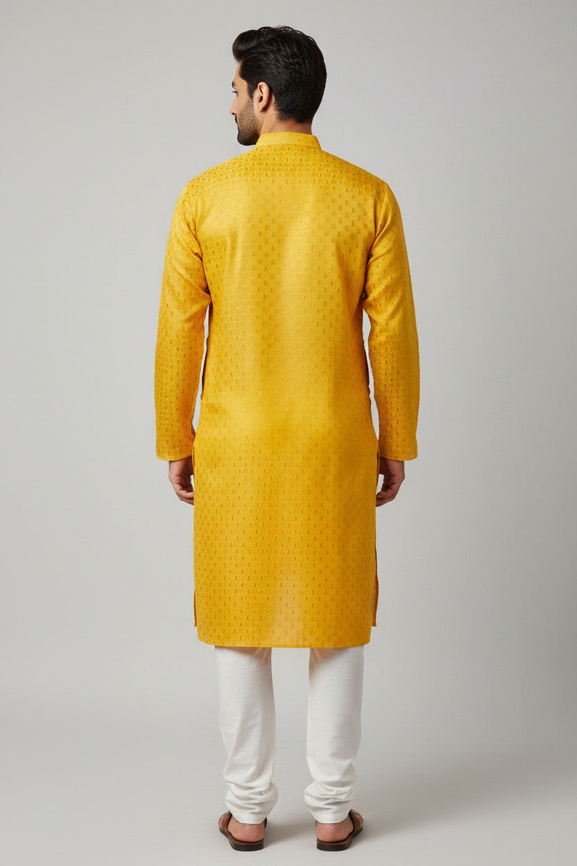 Yellow Cotton Buti Kurta for Men