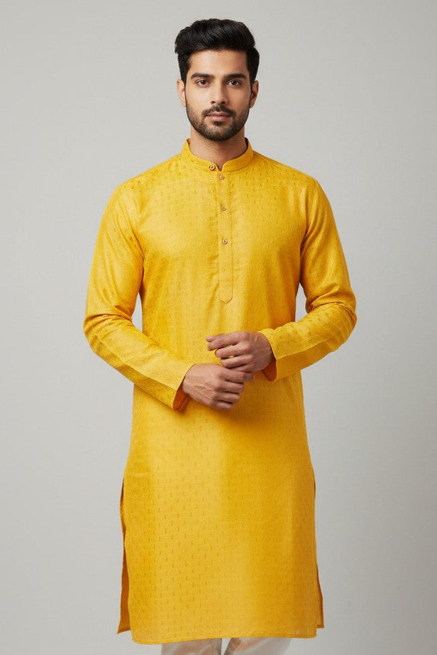 Yellow Cotton Buti Kurta for Men