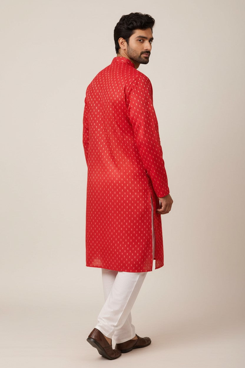 Red Cotton Buti Kurta for Men