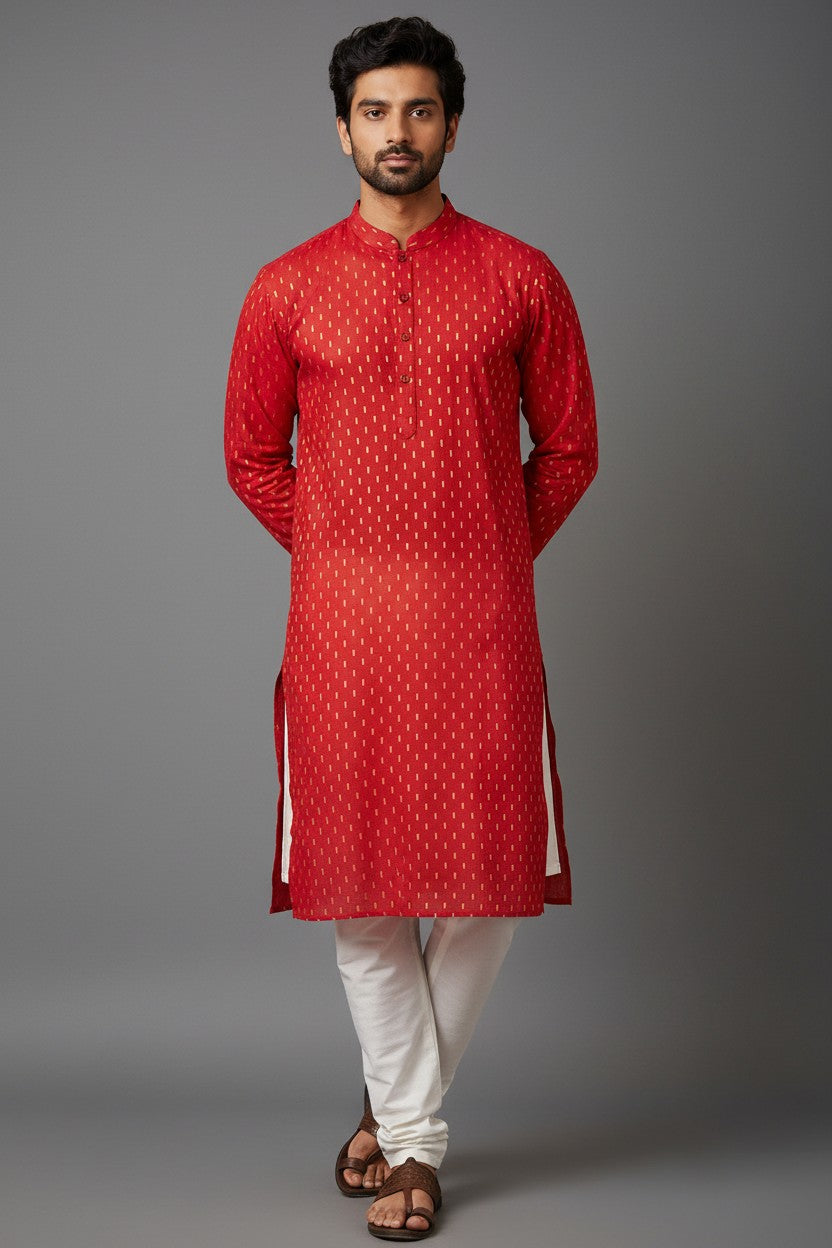 Red Cotton Buti Kurta for Men