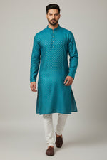 Turquoise Blue Cotton Buti Kurta for Men