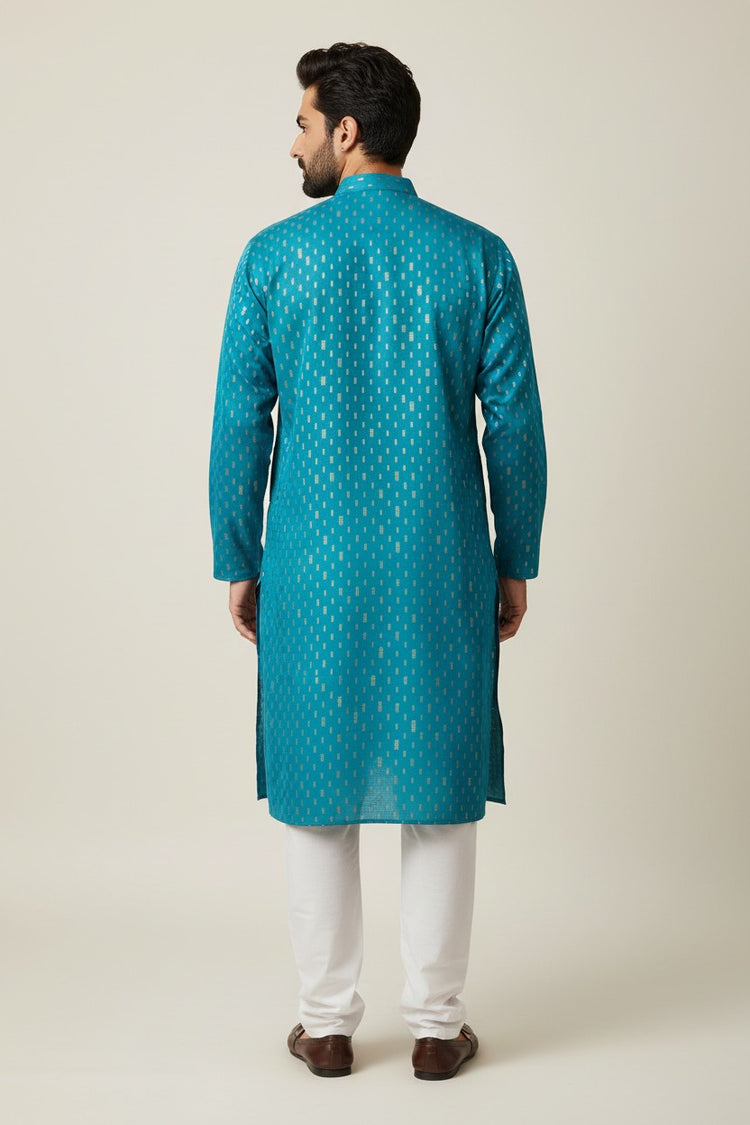 Turquoise Blue Cotton Buti Kurta for Men