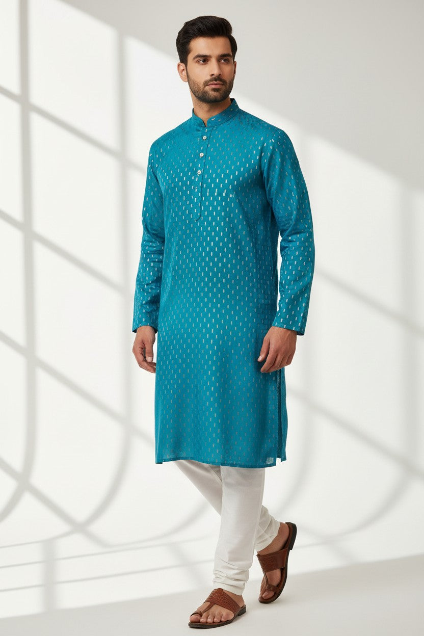 Turquoise Blue Cotton Buti Kurta for Men