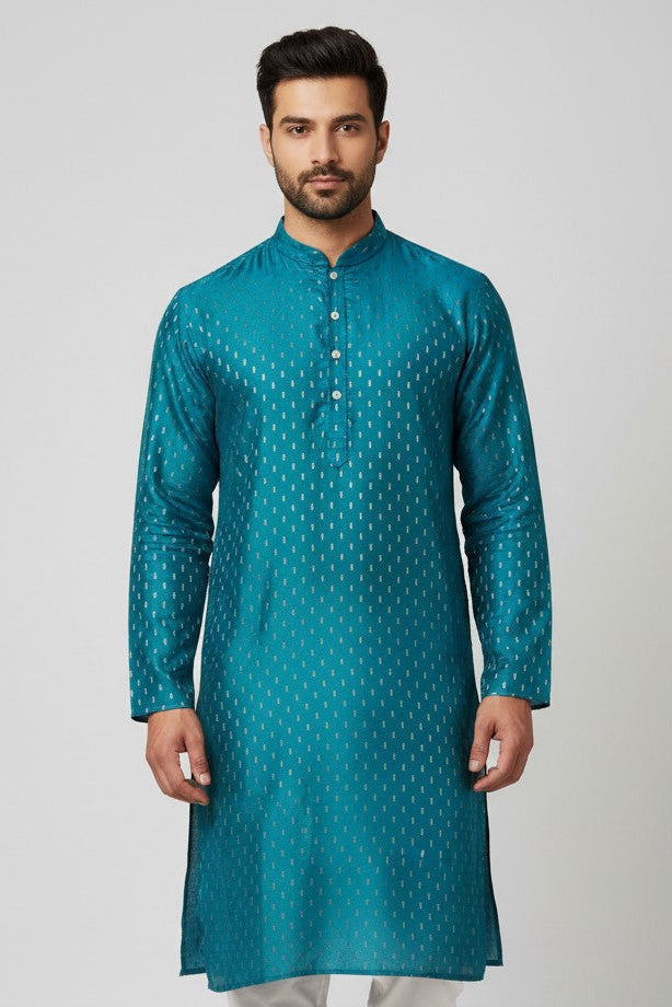 Turquoise Blue Cotton Buti Kurta for Men