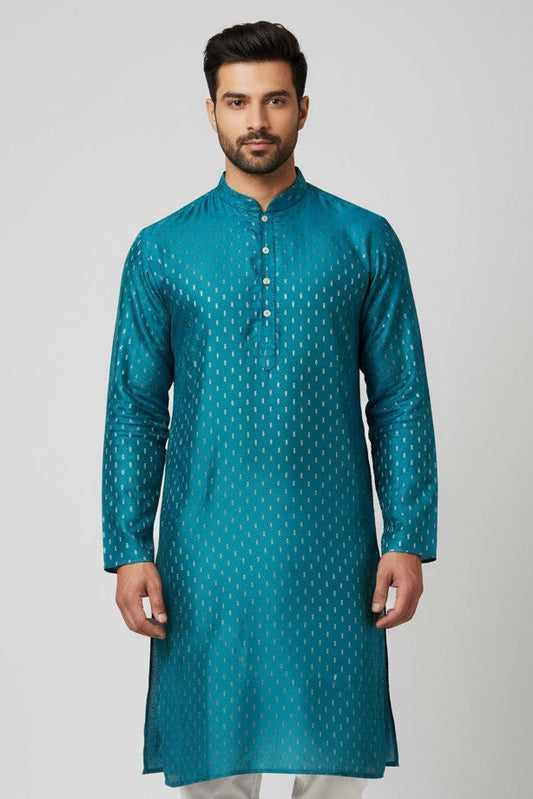 Turquoise Blue Cotton Buti Kurta for Men
