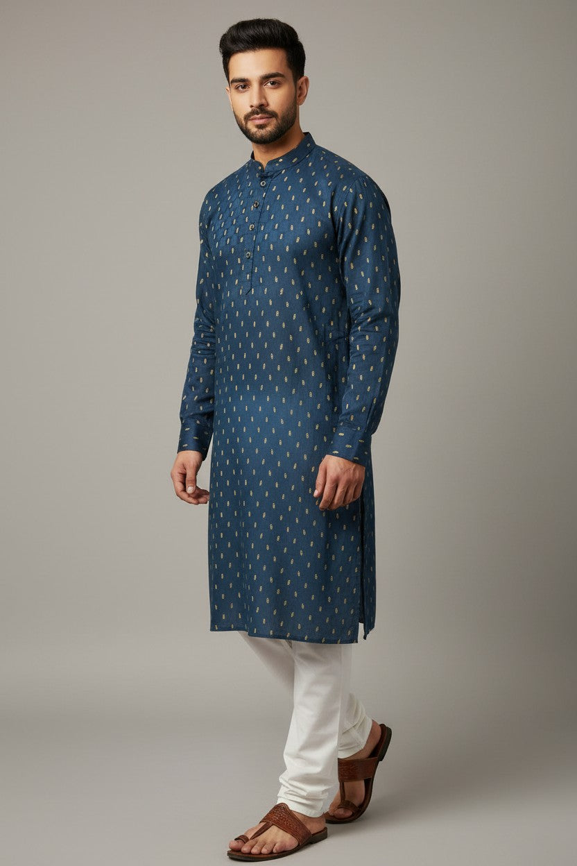 Midnight Blue Cotton Buti Kurta for Men