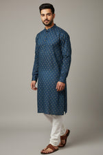 Midnight Blue Cotton Buti Kurta for Men