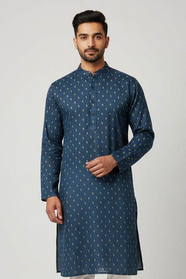 Midnight Blue Cotton Buti Kurta for Men