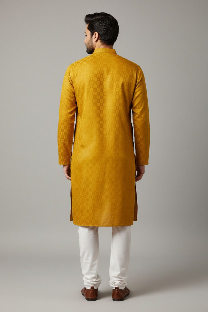 Mustard Yellow Cotton Buti Kurta for Men