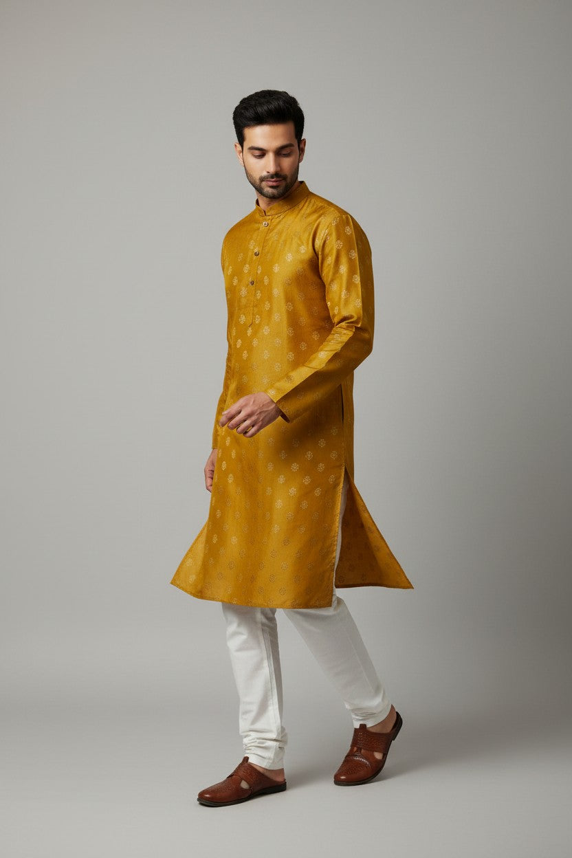 Mustard Yellow Cotton Buti Kurta for Men