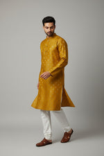 Mustard Yellow Cotton Buti Kurta for Men