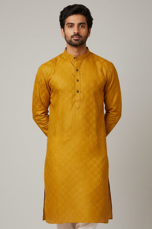 Mustard Yellow Cotton Buti Kurta for Men
