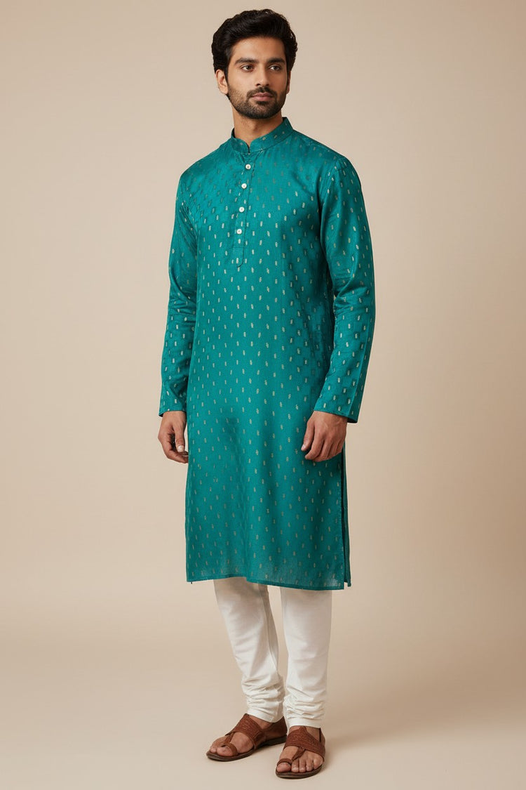 Teal Green Cotton Buti Kurta for Men