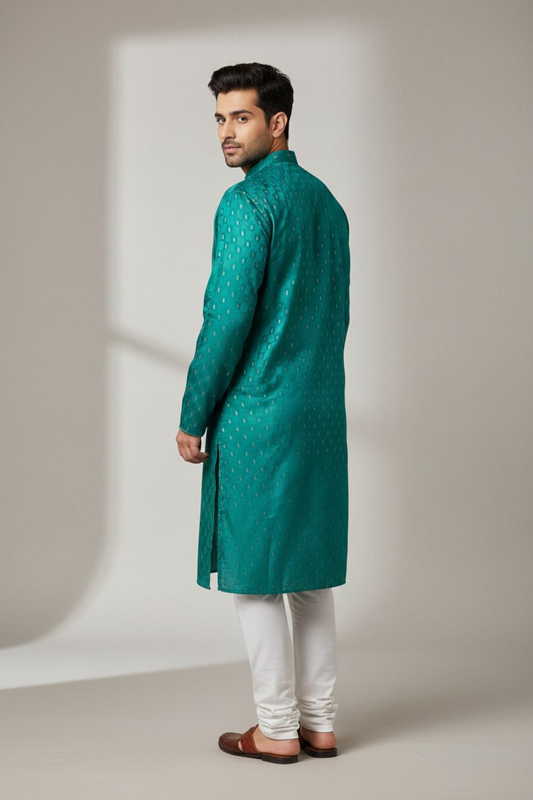 Teal Green Cotton Buti Kurta for Men