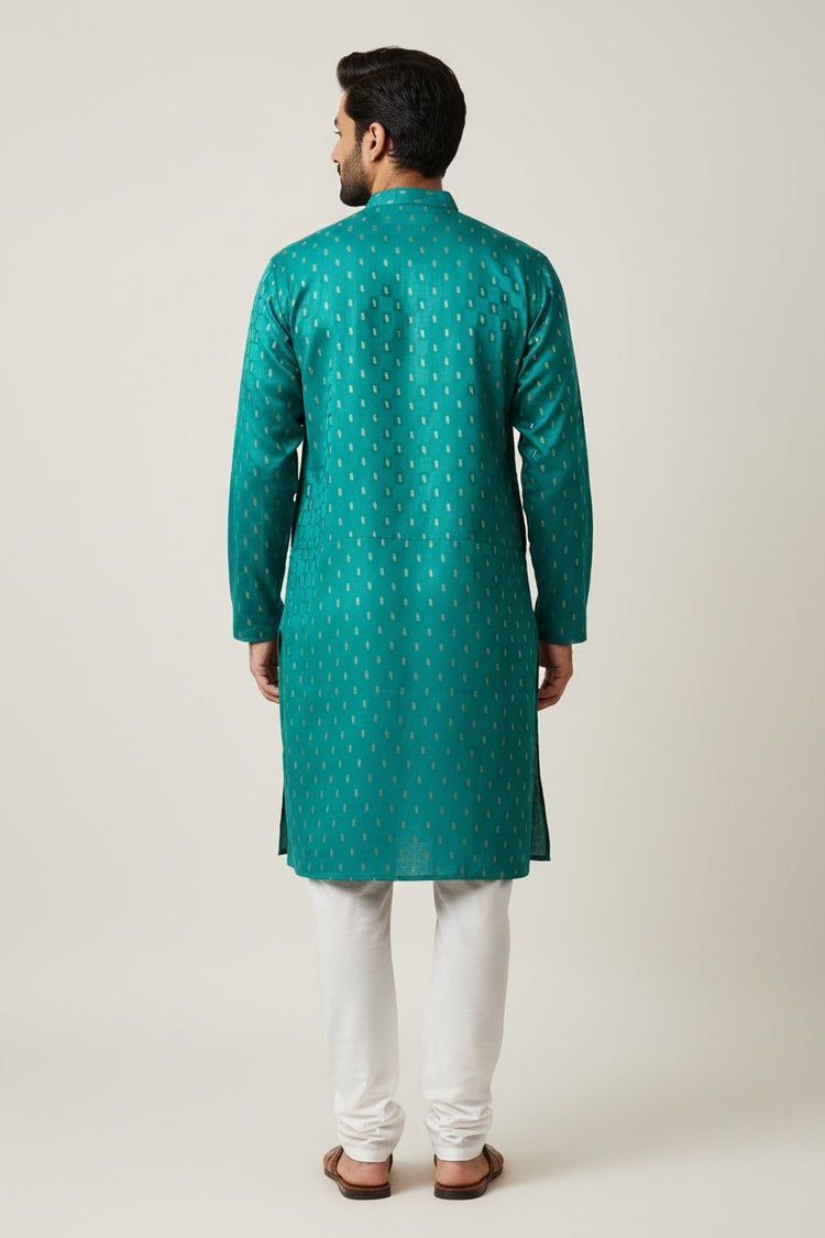 Teal Green Cotton Buti Kurta for Men