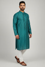 Teal Green Cotton Buti Kurta for Men