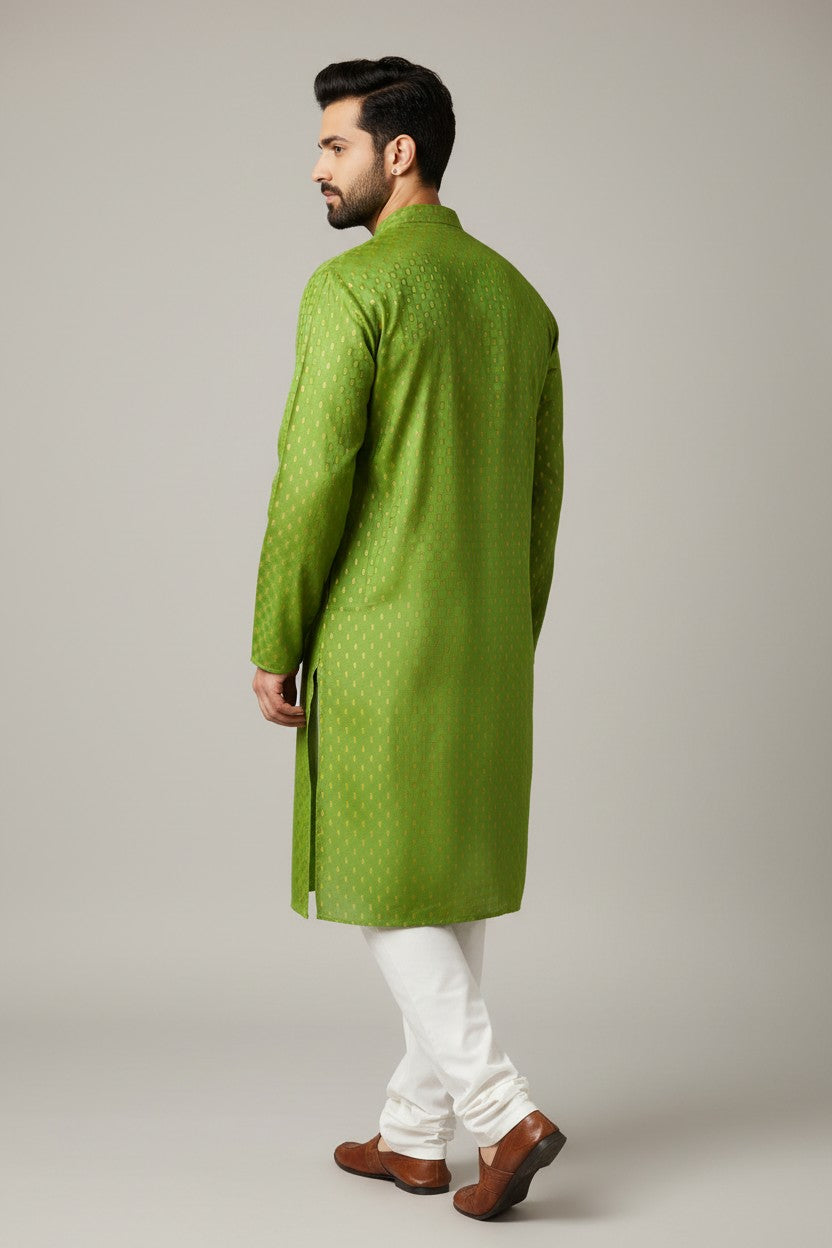 Green Cotton Buti Kurta for Men