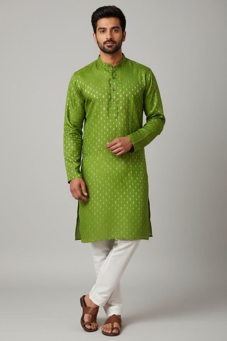 Green Cotton Buti Kurta for Men