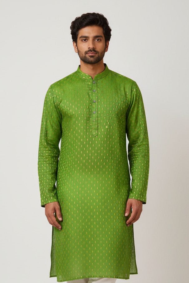 Green Cotton Buti Kurta for Men