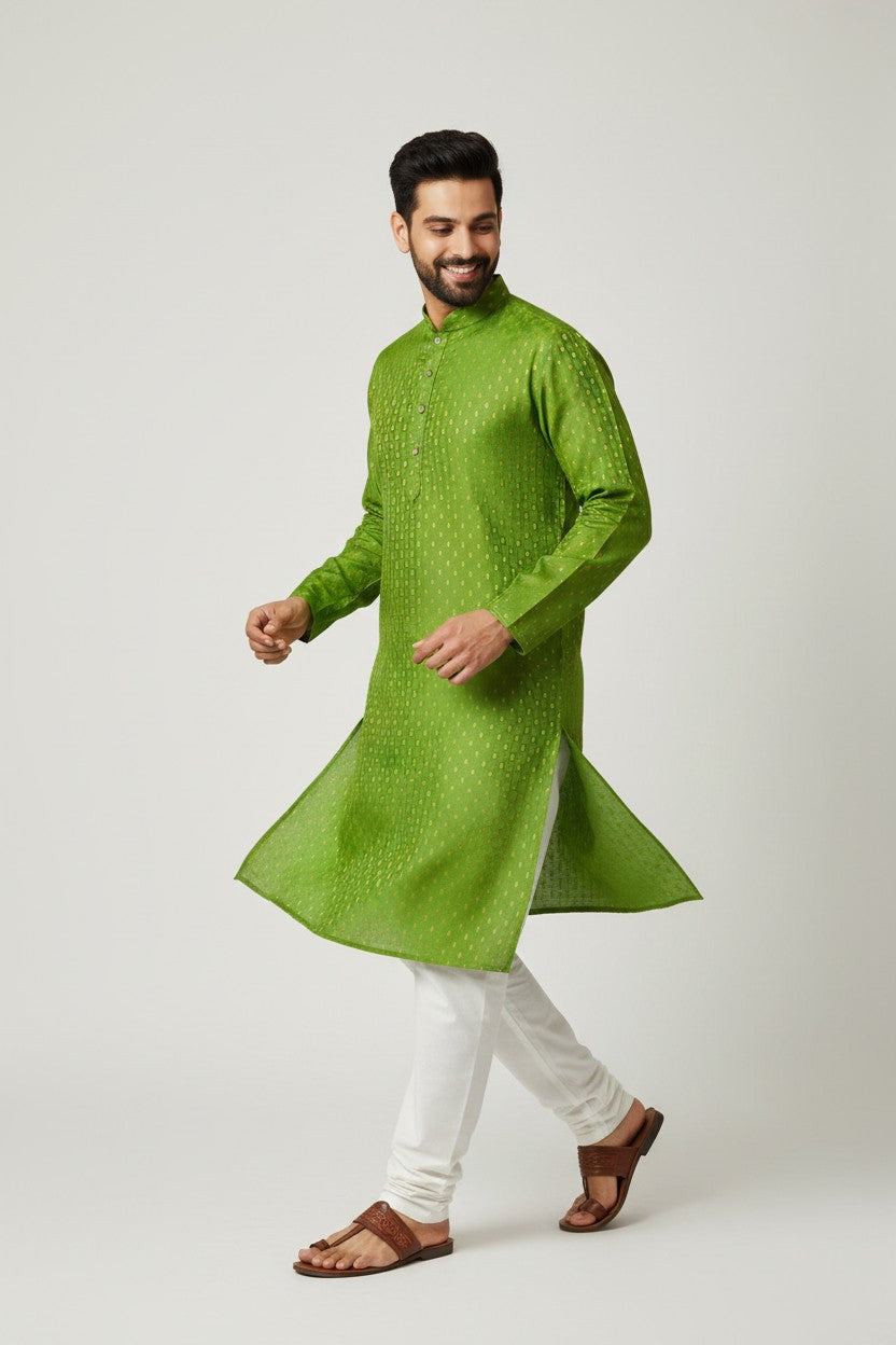 Green Cotton Buti Kurta for Men